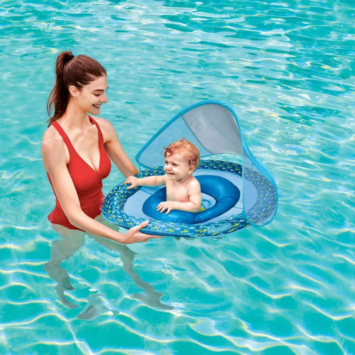 Swimways Baby Canopy Spring Float Pool Lounger - Blue - Patented Inner Spring Stability